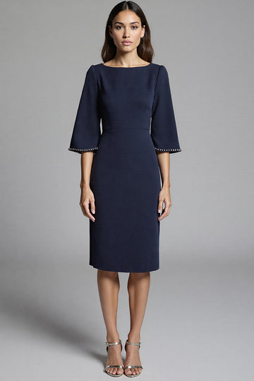 Navy Satin Bodycon Midi Work Dress with Sleeves